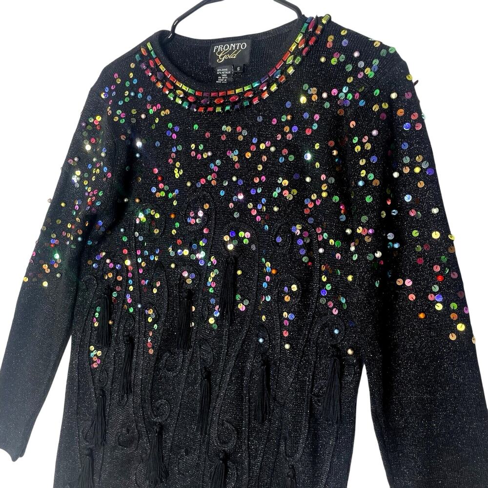 Vintage 80s Pronto Gold Black Sequin Beaded‎ Sweater S Rainbow Tassel Disco Glam